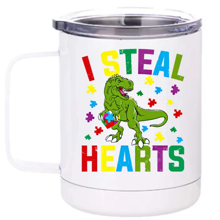 I Steal Hearts T Rex Dinosaur Autism Awareness Meaningful Gift Front & Back 12oz Stainless Steel Tumbler Cup