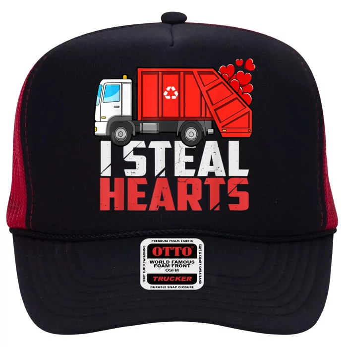 I Steal Hearts Garbage Truck Valentines Day High Crown Mesh Trucker Hat