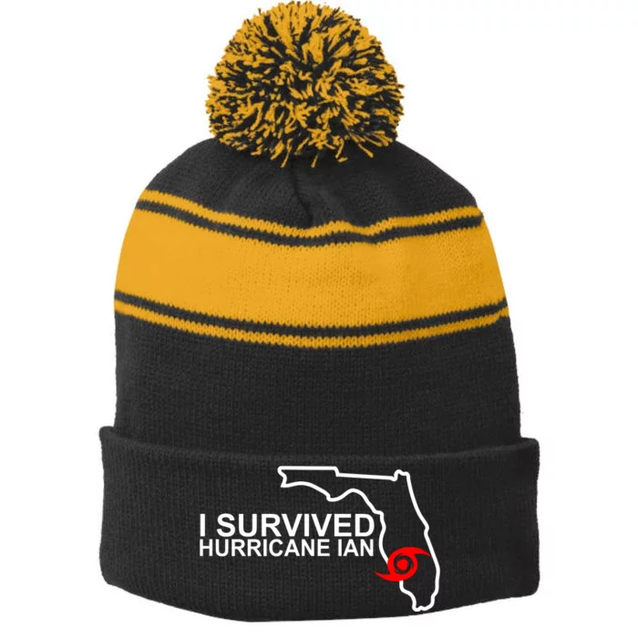 I Survived Hurricane Ian Florida Map Stripe Pom Pom Beanie