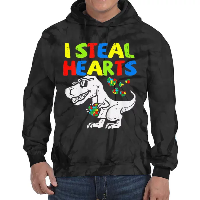 I Steal Hearts Trex Dinosaur Autism Awareness Tie Dye Hoodie