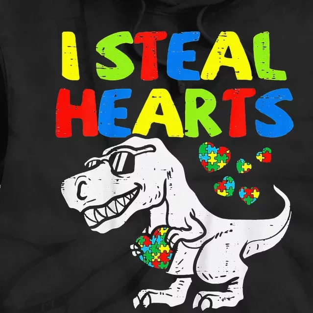 I Steal Hearts Trex Dinosaur Autism Awareness Tie Dye Hoodie