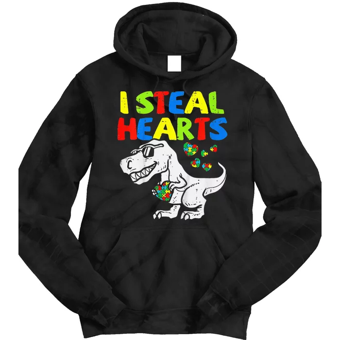 I Steal Hearts Trex Dinosaur Autism Awareness Tie Dye Hoodie