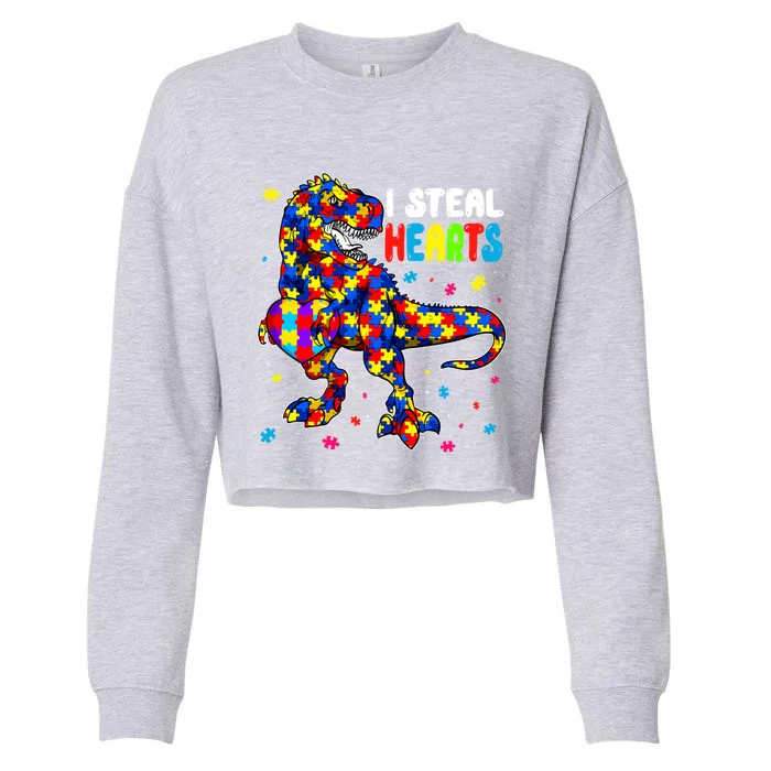 I Steal Hearts Trex Dinosaur Autism Awareness Cute Gift Cropped Pullover Crew