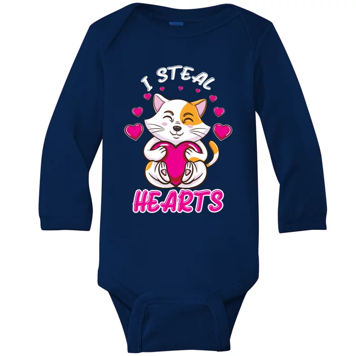 I Steal Hearts Cat Valentines Day Gift Baby Long Sleeve Bodysuit