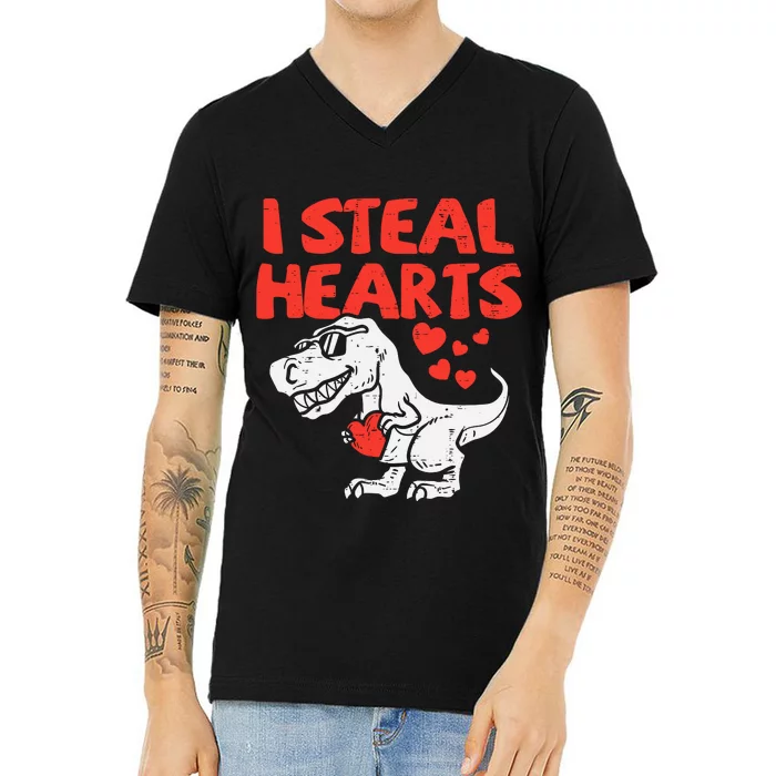 I Steal Hearts Trex Dino Baby Valentines Day V-Neck T-Shirt