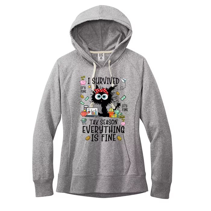 I Survived It’S Fine I’M Fine Tax Season Everything Is Fine Funny Black Cat Women's Fleece Hoodie