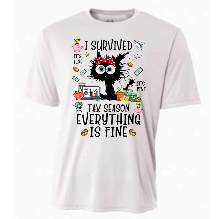 I Survived It’S Fine I’M Fine Tax Season Everything Is Fine Funny Black Cat Cooling Performance Crew T-Shirt