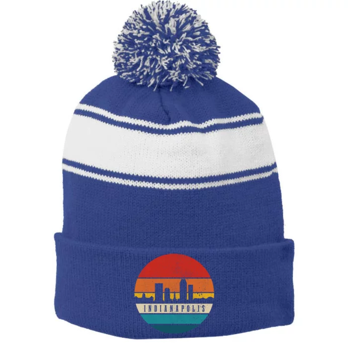 Indianapolis Skyline Indiana Pride Vintage Indianapolis Gift Stripe Pom Pom Beanie