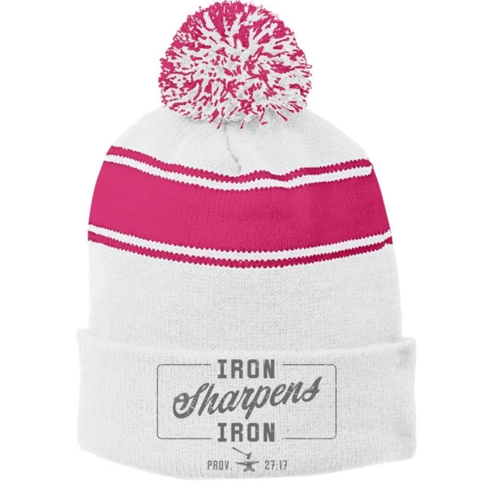 Iron Sharpens Iron Christian Bible Scripture Gym Workout Stripe Pom Pom Beanie