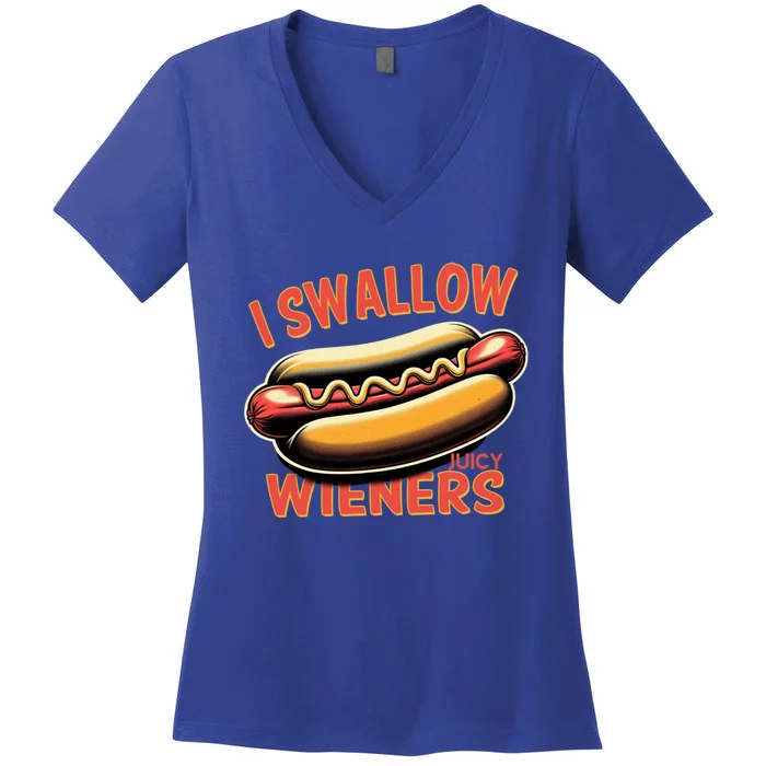 I Swallow Juicy Wieners Funny Joke Hot Dog Pun Gift Women's V-Neck T-Shirt