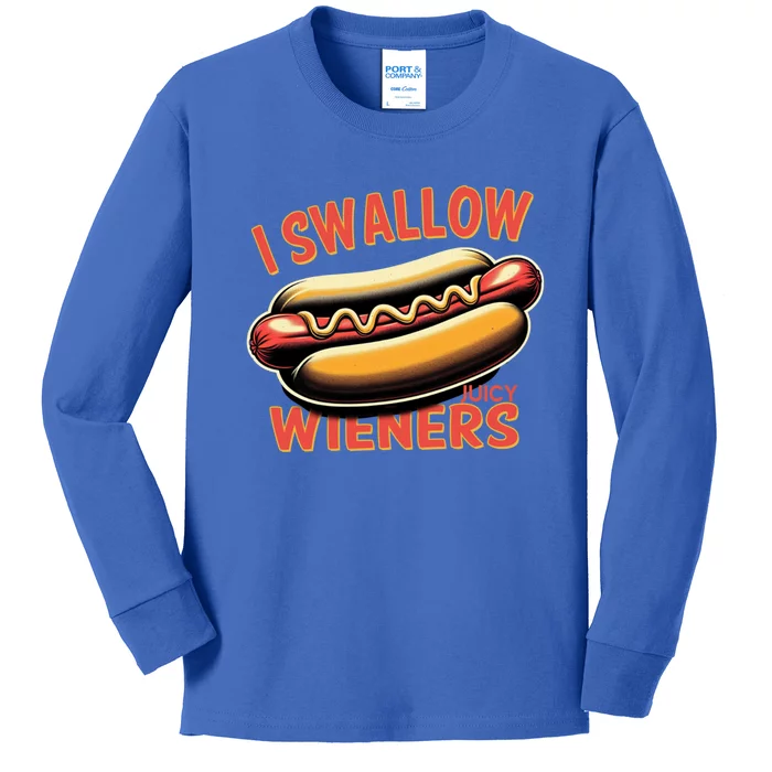 I Swallow Juicy Wieners Funny Joke Hot Dog Pun Gift Kids Long Sleeve Shirt