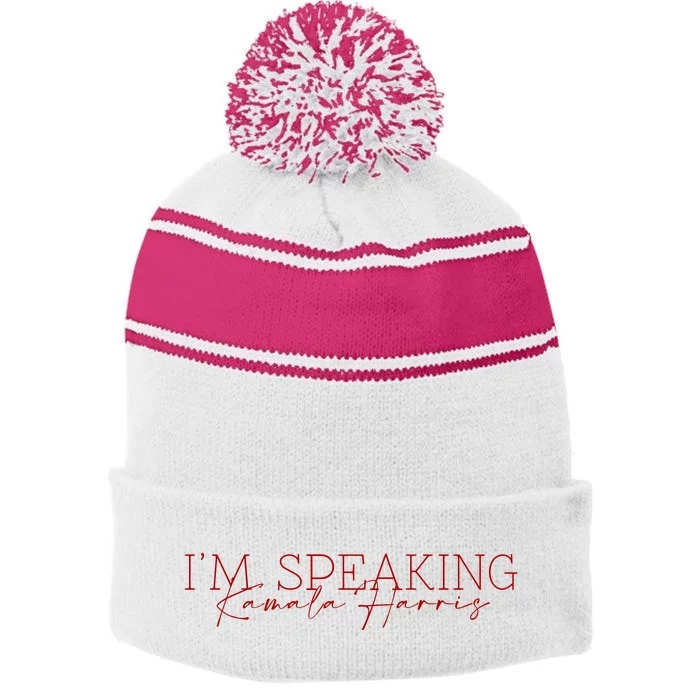 IM Speaking Kamala Harris Stripe Pom Pom Beanie