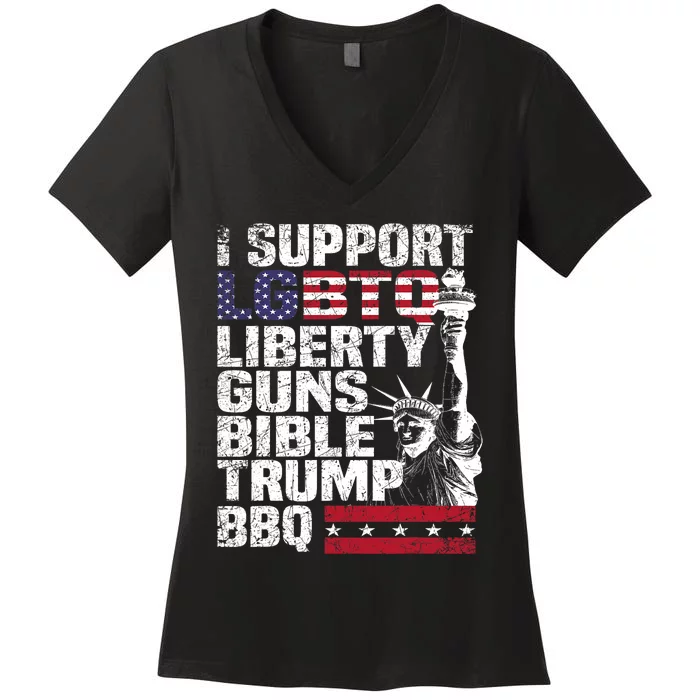 I Support Lgbtq Liberty Guns Bible Trump Bbq Women's V-Neck T-Shirt