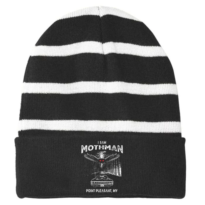 I Saw Mothman In Point Pleasant West Virginia Cryptid Striped Beanie with Solid Band