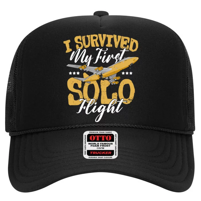 I Survived My First Solo Flight Funny New Pilot High Crown Mesh Trucker Hat