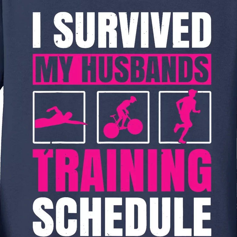 I Survived My Husbands Training Schedule Triathlon Kids Long Sleeve Shirt