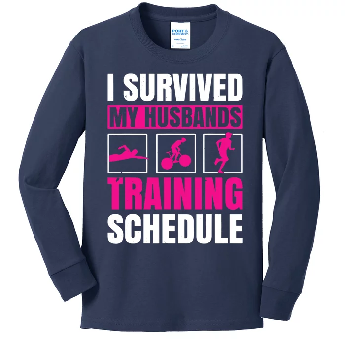 I Survived My Husbands Training Schedule Triathlon Kids Long Sleeve Shirt