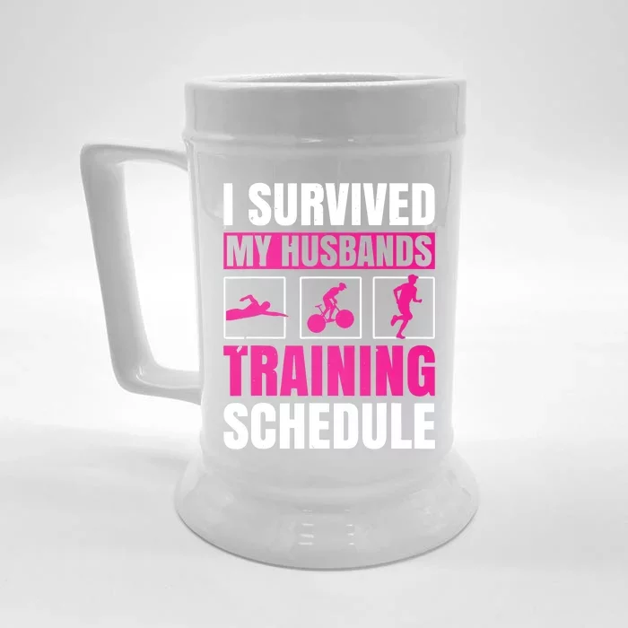 I Survived My Husbands Training Schedule Triathlon Front & Back Beer Stein