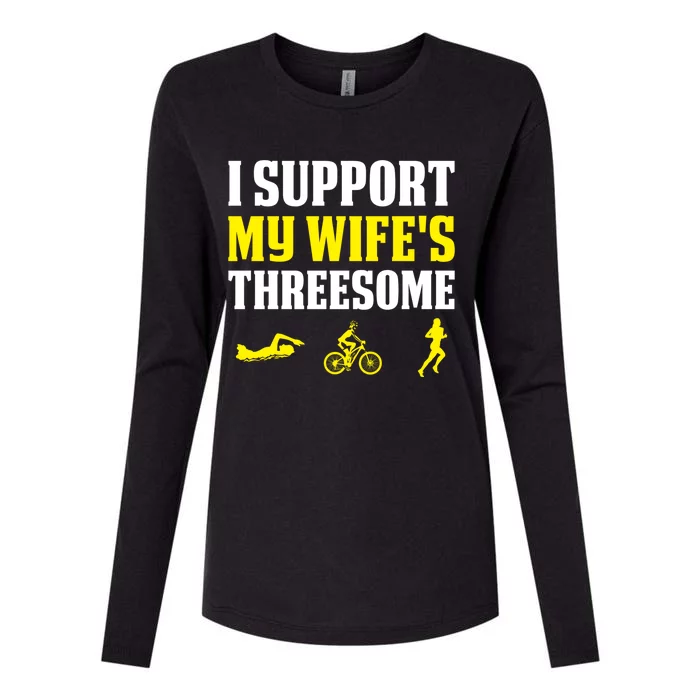 I Support My Wife's Threesome Funny Mom Triathlon Cute Gift Womens Cotton Relaxed Long Sleeve T-Shirt