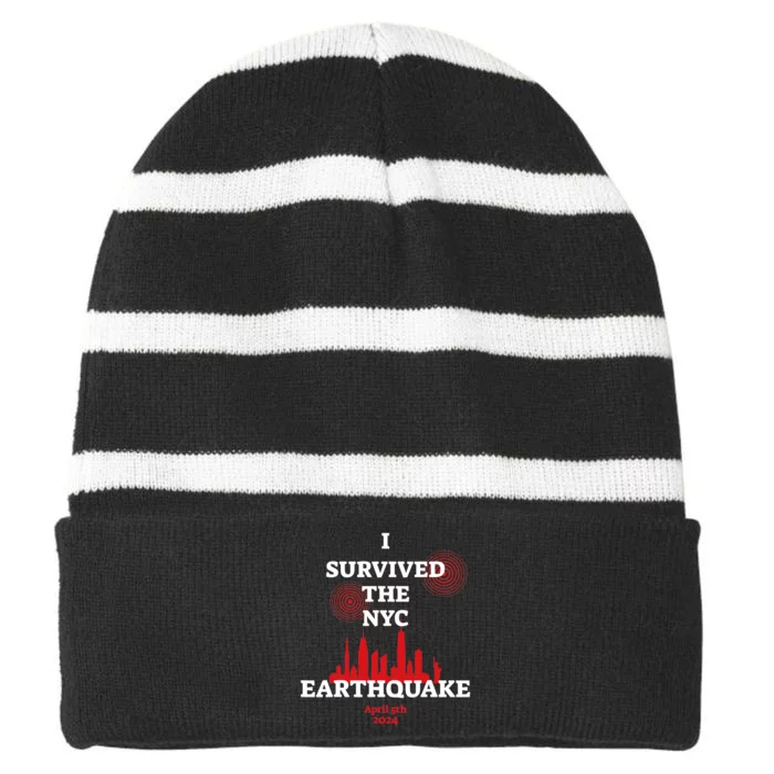 I Survived Nyc Earthquake 2024 Striped Beanie with Solid Band