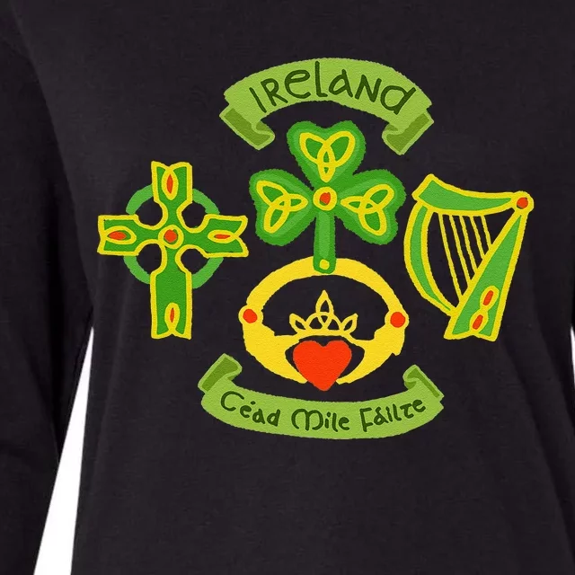 Ireland Saint Patrick's Day Celtic Cross Shamrock Green Womens Cotton Relaxed Long Sleeve T-Shirt