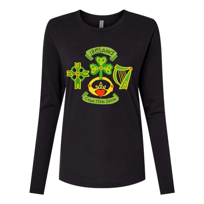 Ireland Saint Patrick's Day Celtic Cross Shamrock Green Womens Cotton Relaxed Long Sleeve T-Shirt