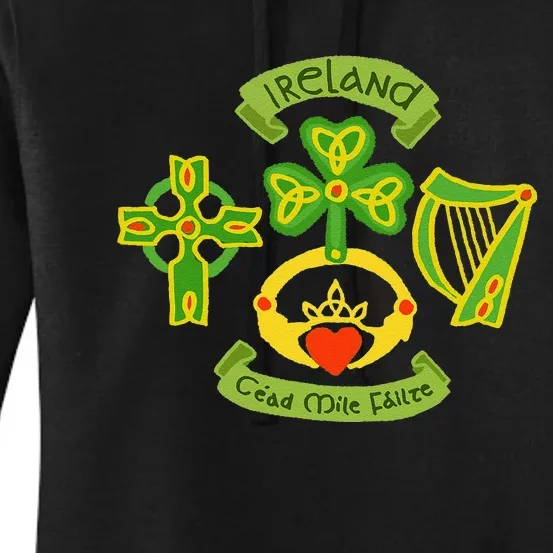 Ireland Saint Patrick's Day Celtic Cross Shamrock Green Women's Pullover Hoodie