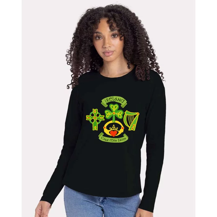 Ireland Saint Patrick's Day Celtic Cross Shamrock Green Womens Cotton Relaxed Long Sleeve T-Shirt