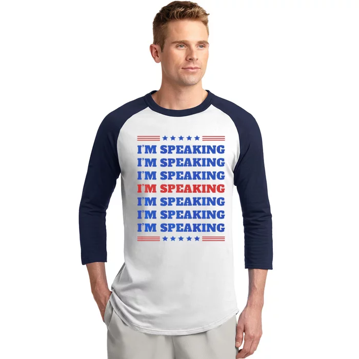 IM Speaking Repeat Stacked Text Usa Kamala 2024 Baseball Sleeve Shirt