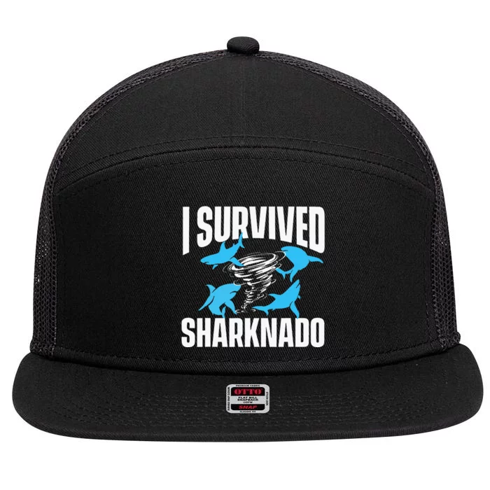 I Survived Sharknado Shark Lover Marine Biologist Ocean 7 Panel Mesh Trucker Snapback Hat