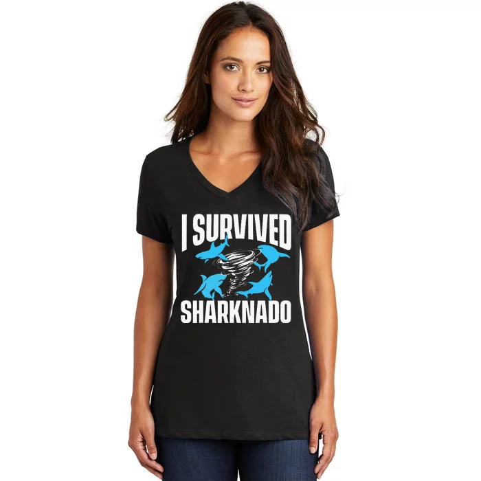 I Survived Sharknado Shark Lover Marine Biologist Ocean Women's V-Neck T-Shirt