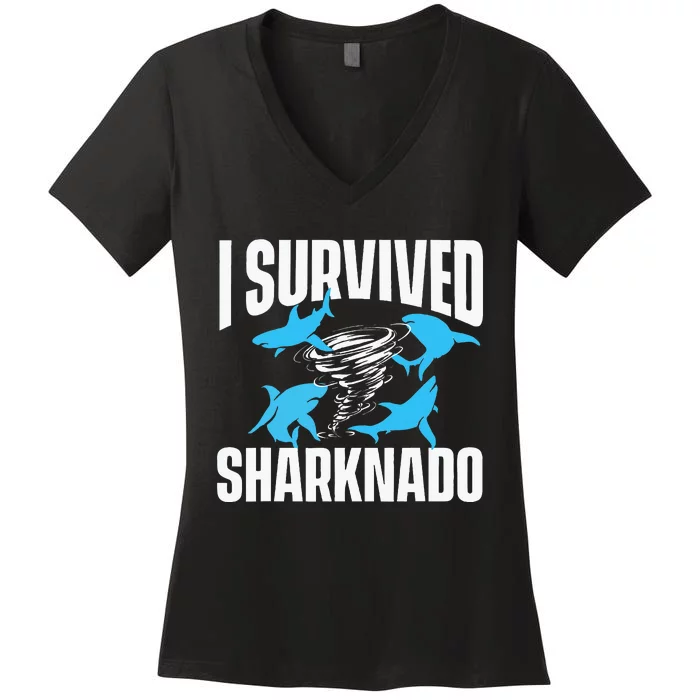 I Survived Sharknado Shark Lover Marine Biologist Ocean Women's V-Neck T-Shirt