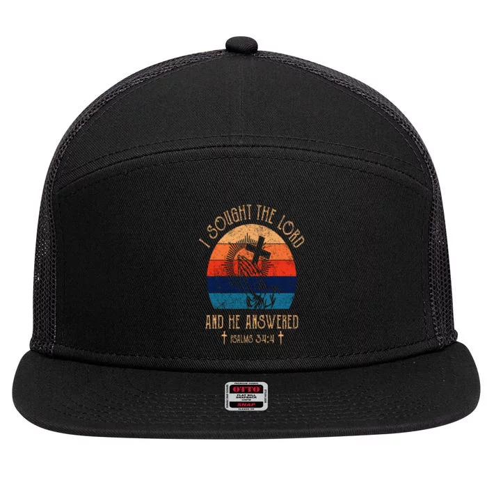 I Sought The Lord And He Answered Me Cross Bible Christian 7 Panel Mesh Trucker Snapback Hat