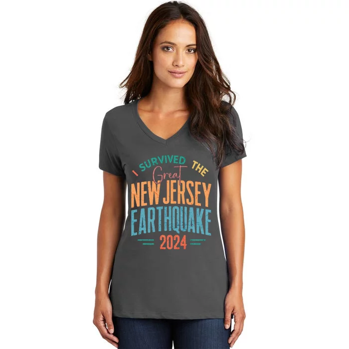 I Survived The Great New Jersey Earthquake 2024 Women's V-Neck T-Shirt