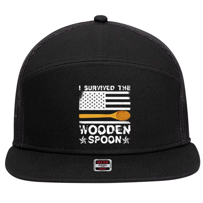 I Survived The Wooden Spoon American Flag Funny Adult Humor 7 Panel Mesh Trucker Snapback Hat