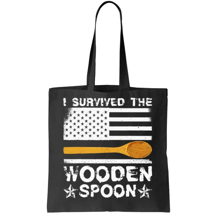 I Survived The Wooden Spoon American Flag Funny Adult Humor Tote Bag