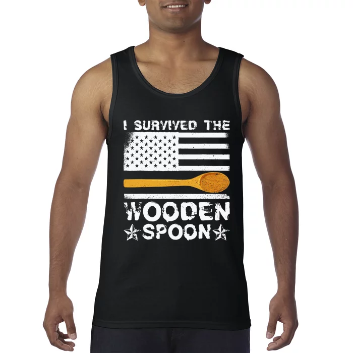 I Survived The Wooden Spoon American Flag Funny Adult Humor Tank Top