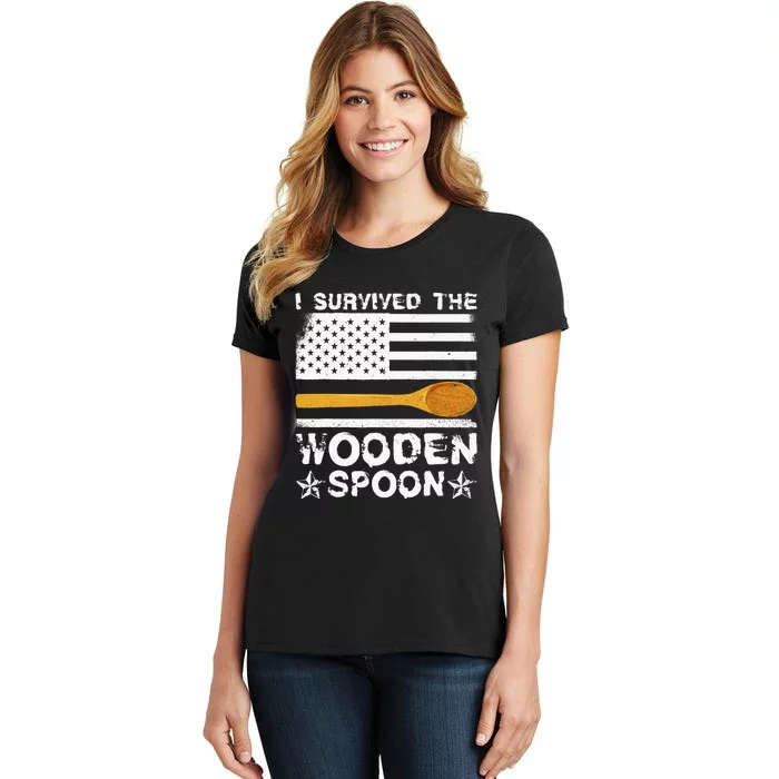 I Survived The Wooden Spoon American Flag Funny Adult Humor Women's T-Shirt