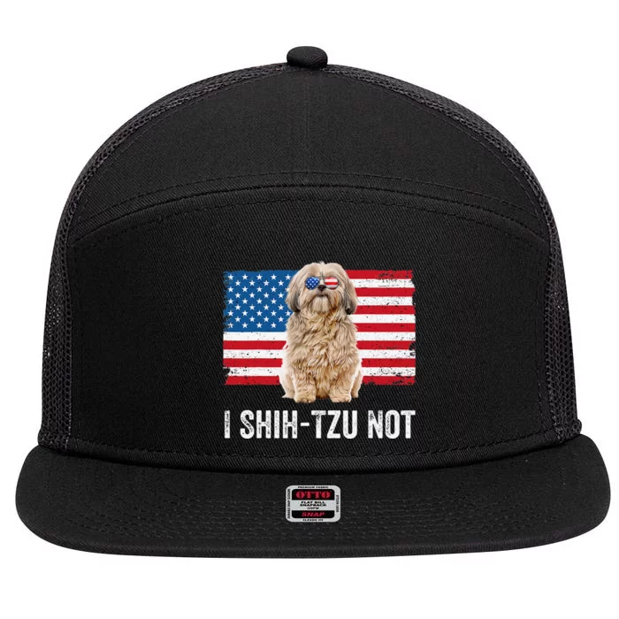 I Shih Tzu Not American Flag Dog Lover Owner Shih Tzu Funny 7 Panel Mesh Trucker Snapback Hat