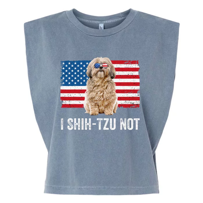 I Shih Tzu Not American Flag Dog Lover Owner Shih Tzu Funny Garment-Dyed Women's Muscle Tee