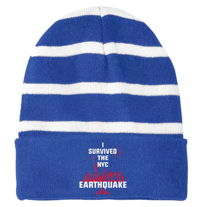 I Survived The Nyc Earthquake Striped Beanie with Solid Band