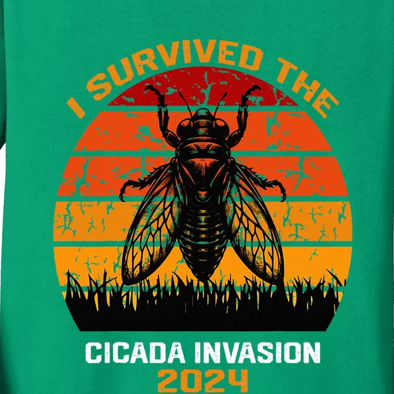 I Survived The Cicada Invasion Funny Cicadas 2024 Lover Kids Long Sleeve Shirt