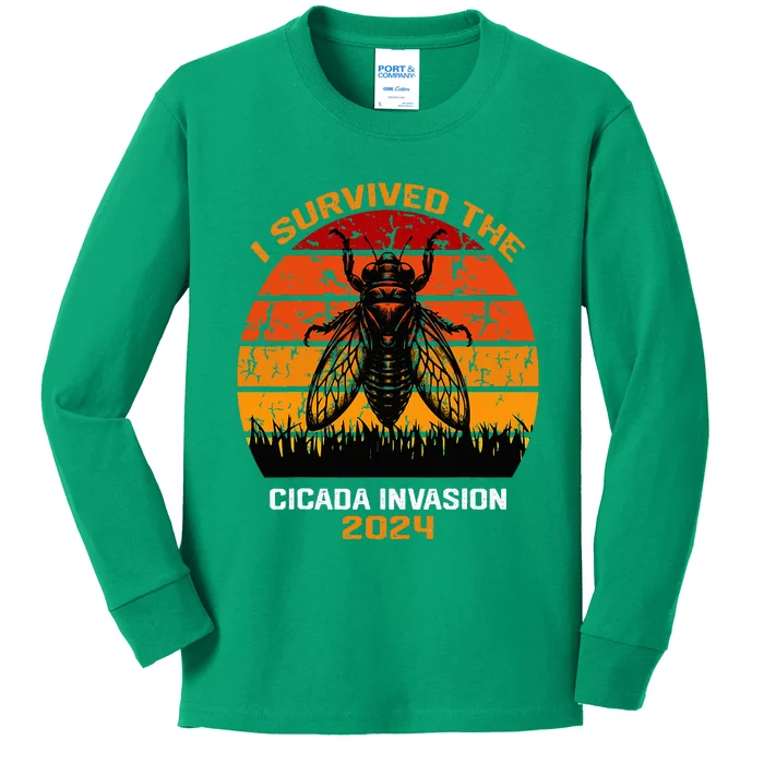 I Survived The Cicada Invasion Funny Cicadas 2024 Lover Kids Long Sleeve Shirt