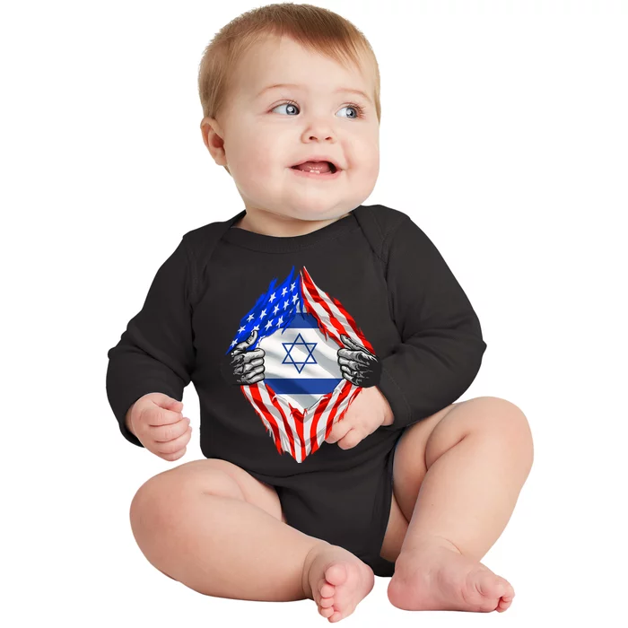 Israel Strong Usa Israel Flag American Israeli Roots Jewish Baby Long Sleeve Bodysuit