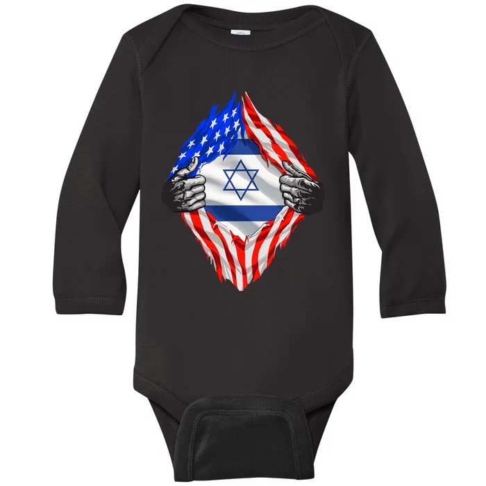 Israel Strong Usa Israel Flag American Israeli Roots Jewish Baby Long Sleeve Bodysuit