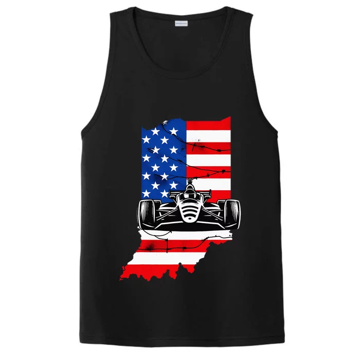 Indiana State Usa Flag Vintage Indianapolis Race Car Racing Performance Tank