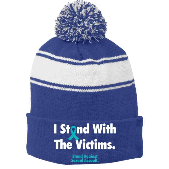 I Stand With The Victims Sexual Assault Awareness Gift Stripe Pom Pom Beanie