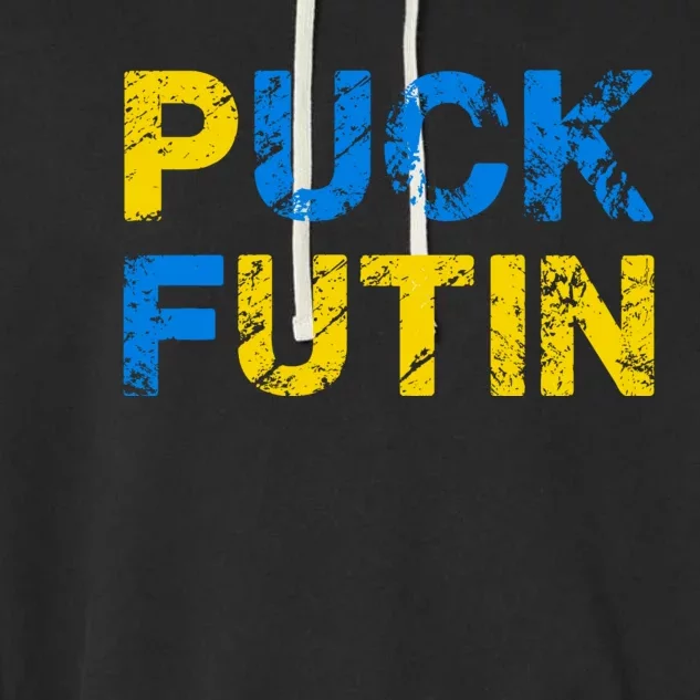 I Stand With Ukraine Puck Futin Support Garment-Dyed Fleece Hoodie