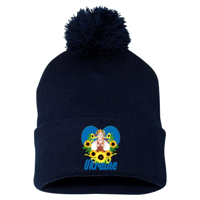 I Stand With Ukraine Traditional Ukrainian Sunflower Girl Pom Pom 12in Knit Beanie