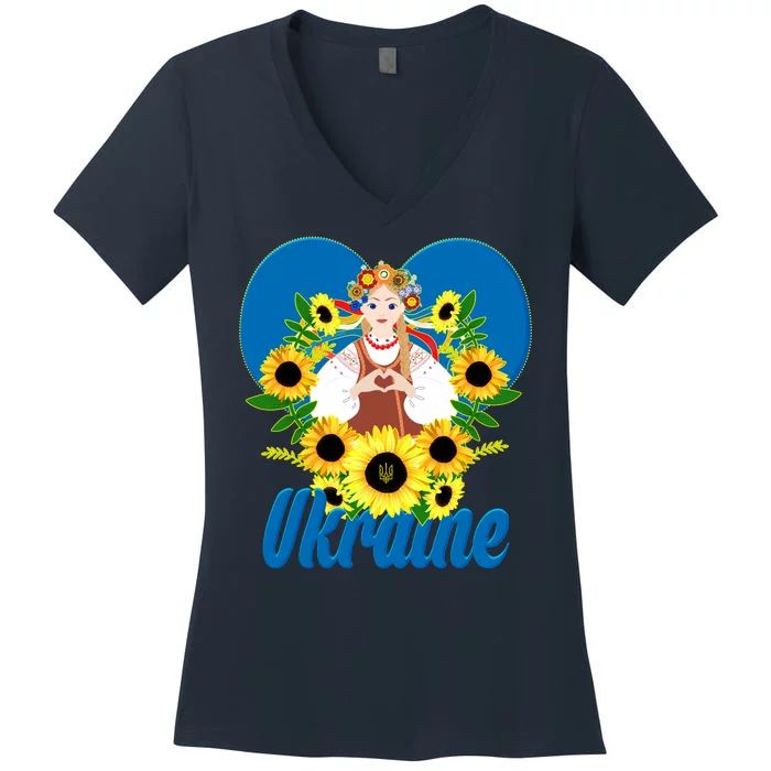 I Stand With Ukraine Traditional Ukrainian Sunflower Girl Women's V-Neck T-Shirt